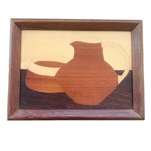 Vtg Marquetry Wood Inlay Wall Art Still Life Pitcher Bowl Framed MCM Danish Teak